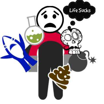 cartoon figure with a frown face with a magnet stuck his body and a shark, poison, a skull, a bomb, and poop stuck to him. there's a thought bubble that reads "life sucks."